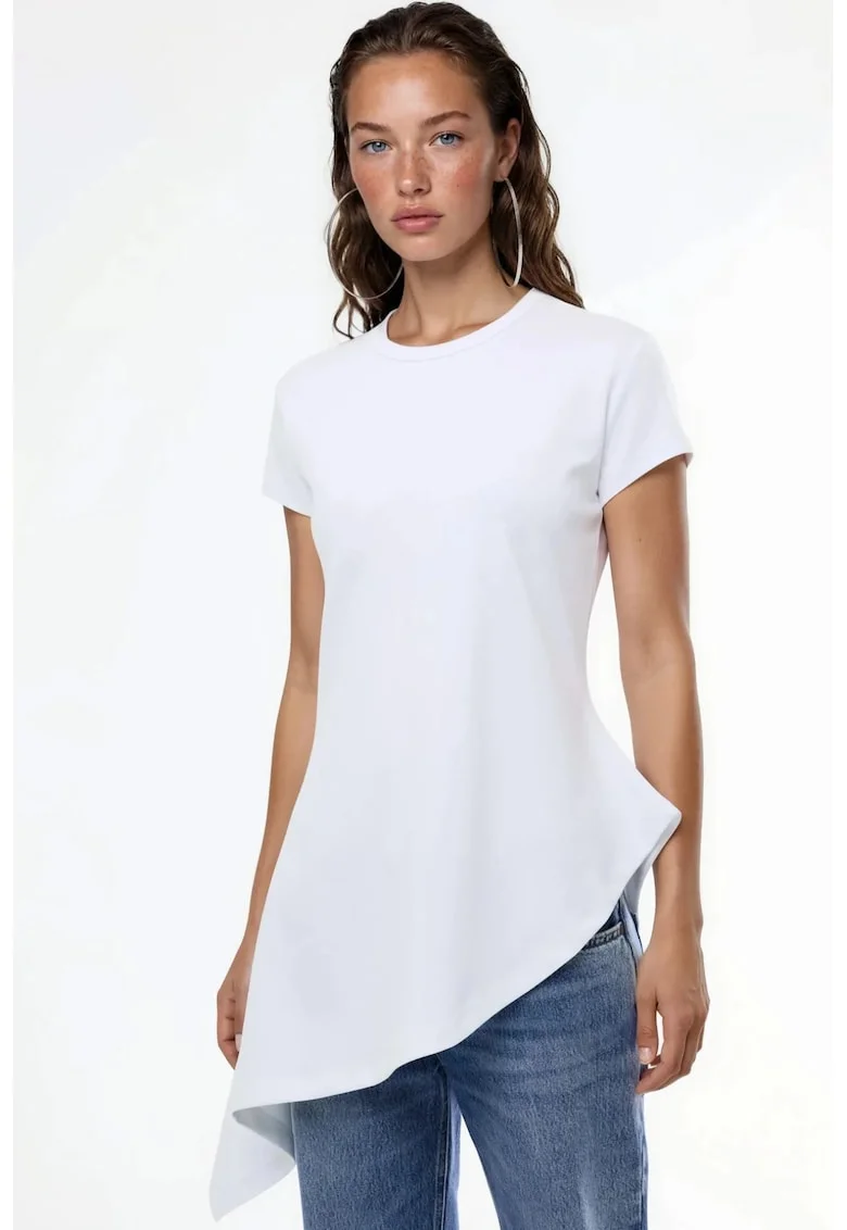 Tricouri dama,  tricou asimetric, maneca scurta, alb, 96% bumbac