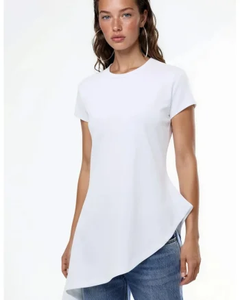 Tricouri dama,  tricou asimetric, maneca scurta, alb, 96% bumbac