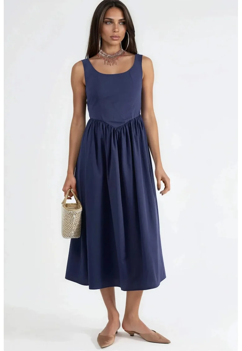 Rochie Midi  cu guler patrat, detaliu funda, Bumbac/Poliester, bleumarin
