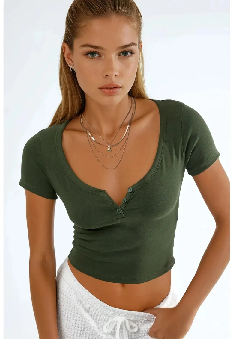 Tricou dama,  Kaki, Bumbac/Elastan, Decolteu in V