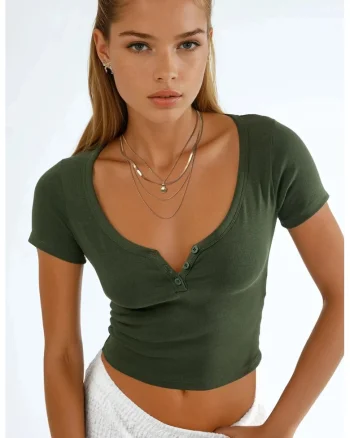 Tricou dama,  Kaki, Bumbac/Elastan, Decolteu in V