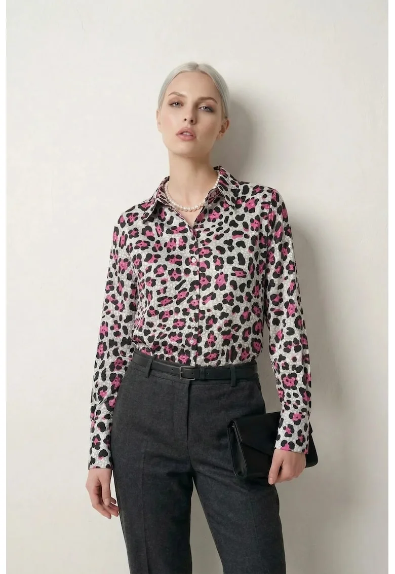 Camasi dama,  camasa cu maneca lunga, imprimeu leopard, roz magenta, poliester