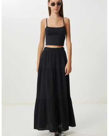 Fusta maxi Happiness Istanbul, talie inalta, neagra, bumbac