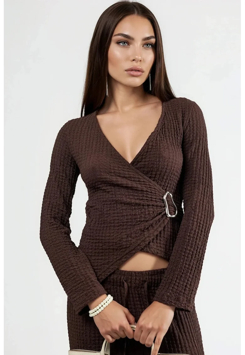 Bluza dama  decolteu in V, maro, poliester