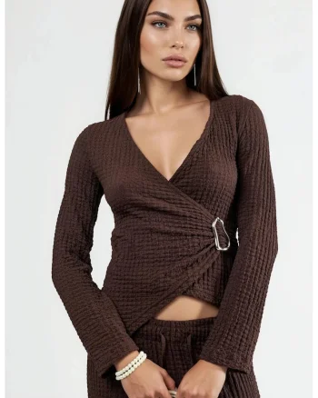 Bluza dama  decolteu in V, maro, poliester