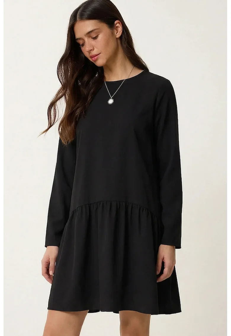 Rochie midi, Happiness Istanbul, cu guler rotund, volanase, neagra, poliester