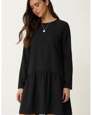 Rochie midi, Happiness Istanbul, cu guler rotund, volanase, neagra, poliester