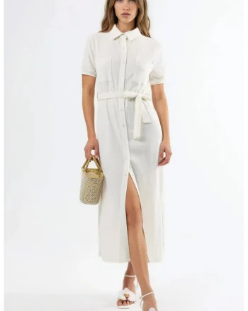 Rochie tip camasa,  cu cordon, poliester/elastan, Alb