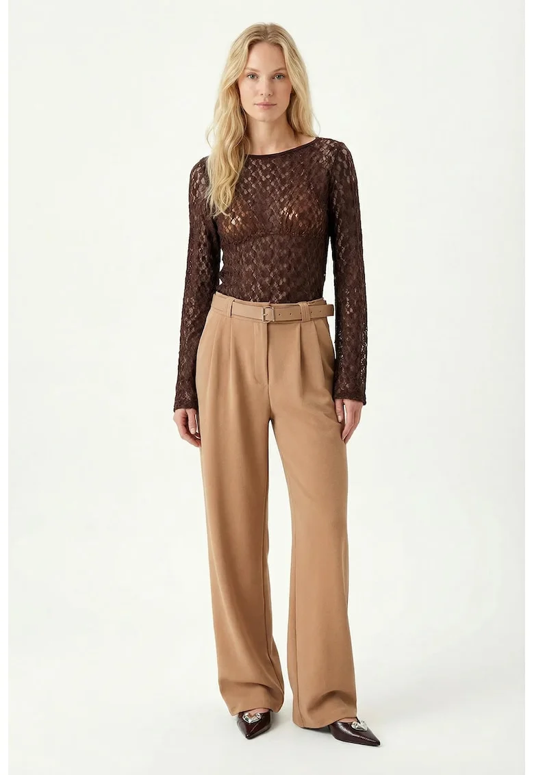 Pantaloni dama Happiness Istanbul, talie inalta, bej, poliester