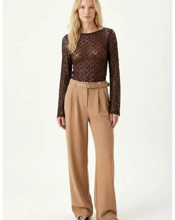Pantaloni dama Happiness Istanbul, talie inalta, bej, poliester