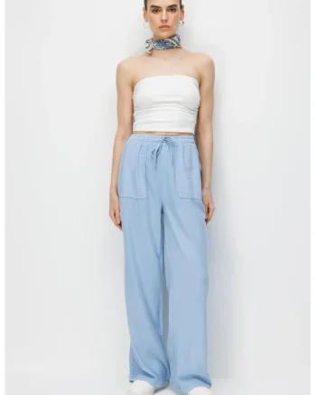 Pantaloni dama,  talie inalta, albastru, bumbac-viscoza