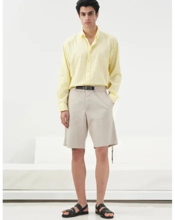 Pantaloni scurti,  talie medie, cu curea, gri, bumbac
