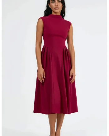 Rochie Midi  Texturata cu Panouri, Rosie, Poliester si Elastan