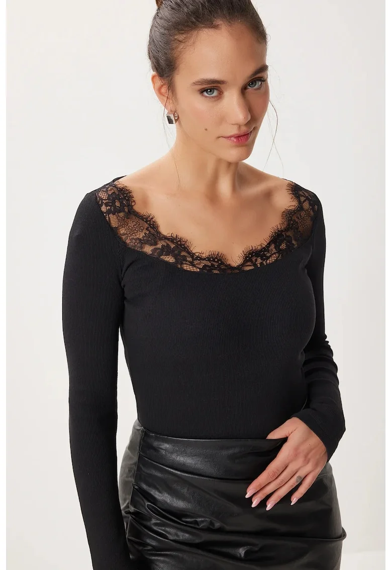 Bluza dama, Happiness Istanbul, Negru, Bumbac/Elastan