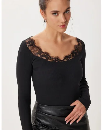 Bluza dama, Happiness Istanbul, Negru, Bumbac/Elastan