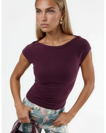 Tricou dama,  Slim fit, Mov inchis, Bumbac/Elastan