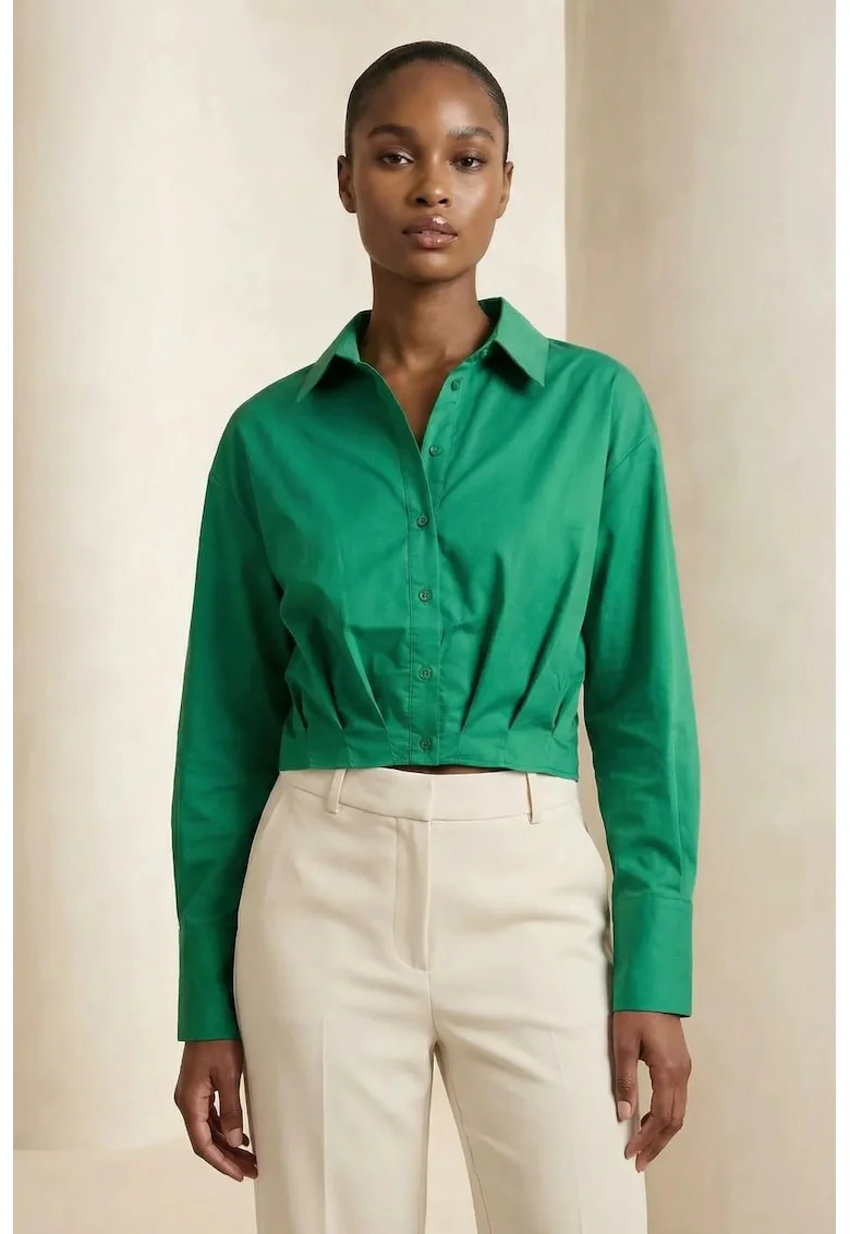 Camasa dama,  camasa scurta casual cu nasturi, verde pin, bumbac