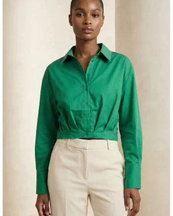 Camasa dama,  camasa scurta casual cu nasturi, verde pin, bumbac