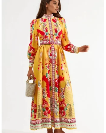 Rochie Maxi,  Floral, Galben, cu cordon, maneca lunga