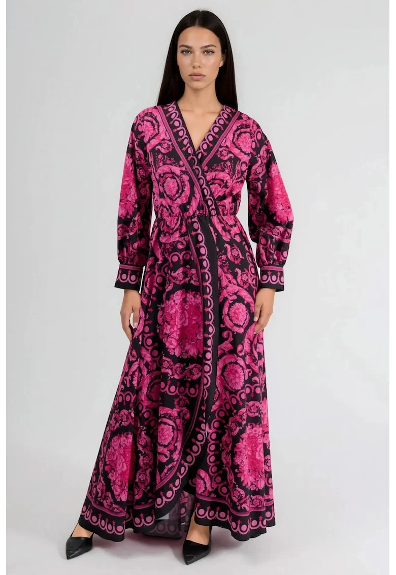Rochie midi,  model floral, roz, poliester/lycra