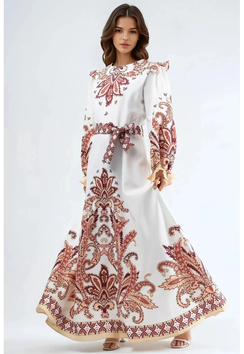 Rochie maxi, cu maneci lungi, poliester/lycra, alb/bej