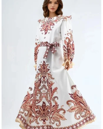 Rochie maxi, cu maneci lungi, poliester/lycra, alb/bej