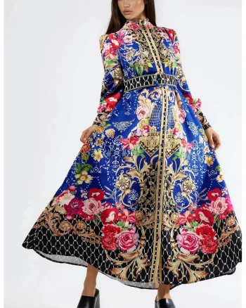 Rochie Maxi,  model Floral, Albastru, Maneca lunga, Cu cordon