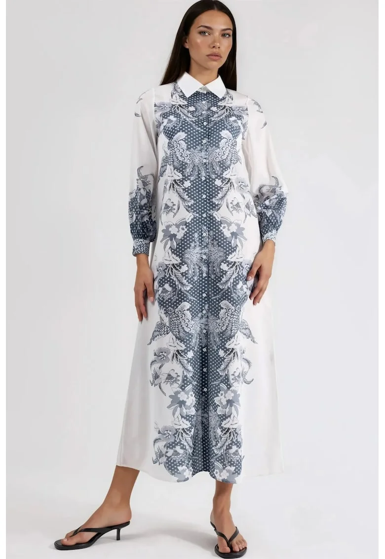 Rochie midi,  imprimeu floral, maneca lunga, poliester/lycra, alb/gri