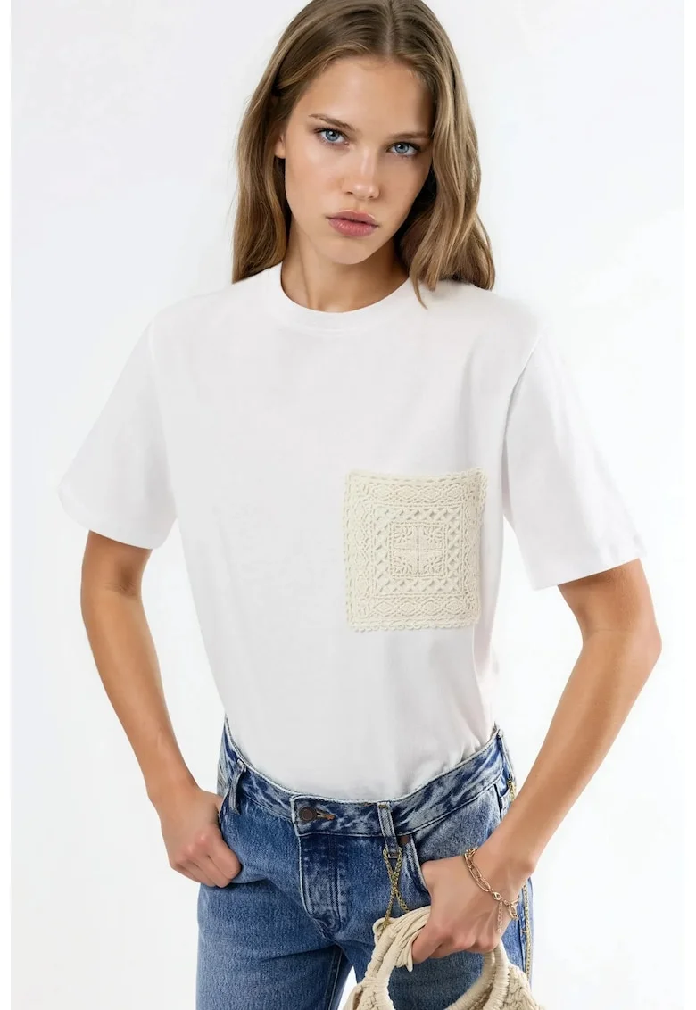 Tricou dama  guler rotund, buzunar, alb, 100% bumbac