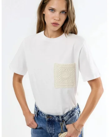 Tricou dama  guler rotund, buzunar, alb, 100% bumbac