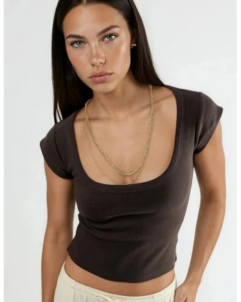 Tricou dama,  Slim fit, Maro, Bumbac/Elastan