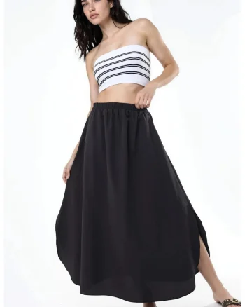 Fusta  Midi, Neagra, Bumbac si Poliester, Talie Inalta