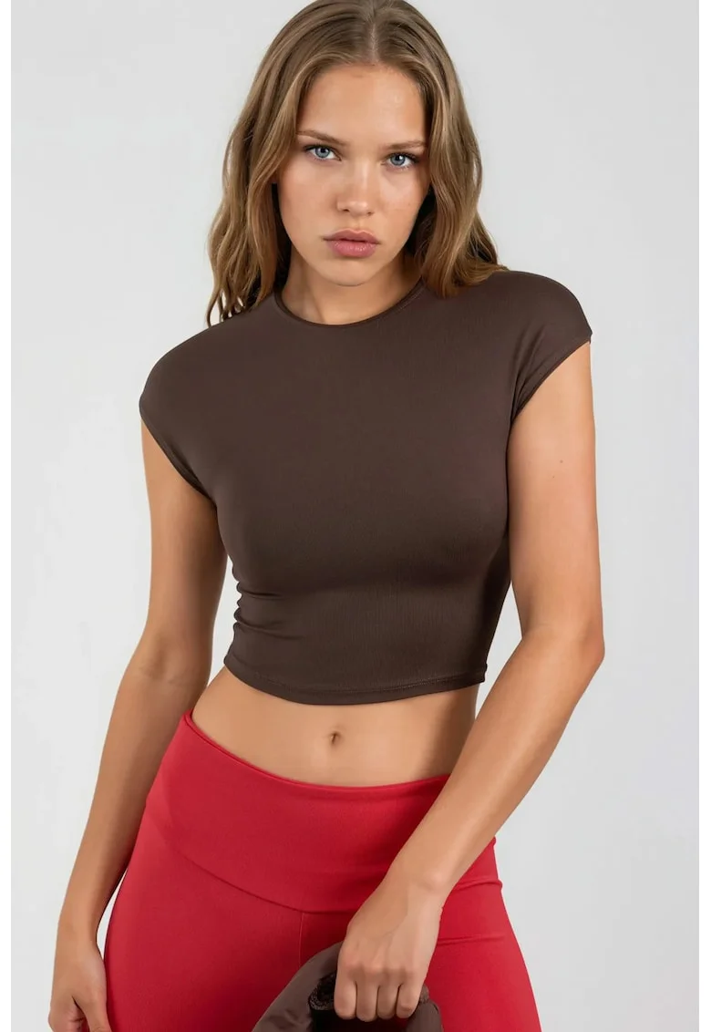 Tricou scurt  maneca scurta, maro, poliamida si elastan