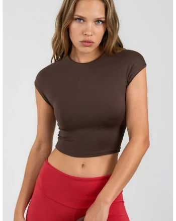 Tricou scurt  maneca scurta, maro, poliamida si elastan