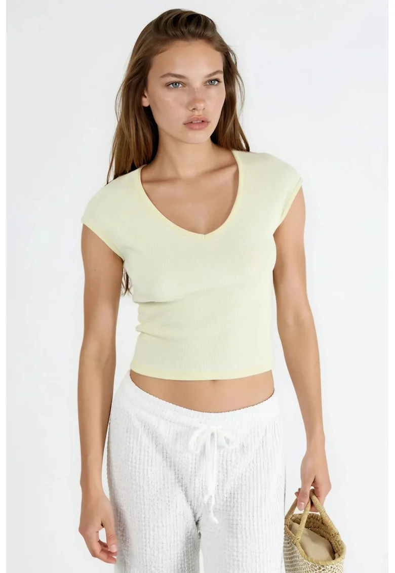 Tricou dama,  Galben lamaie, Bumbac/Poliester, Decolteu in V