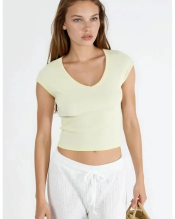 Tricou dama,  Galben lamaie, Bumbac/Poliester, Decolteu in V