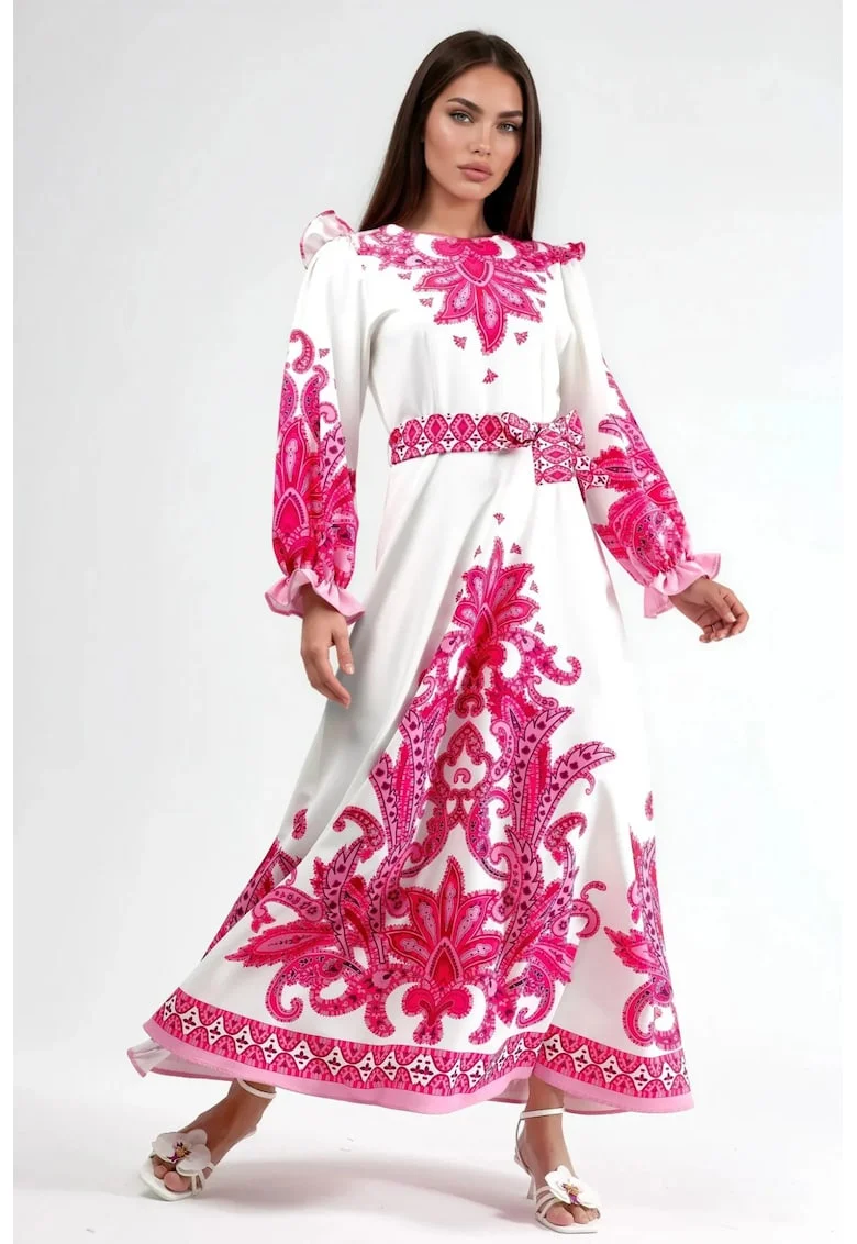 Rochie Maxi,  cu maneca lunga, poliester si lycra, alb/roz