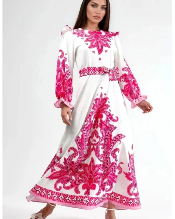 Rochie Maxi,  cu maneca lunga, poliester si lycra, alb/roz