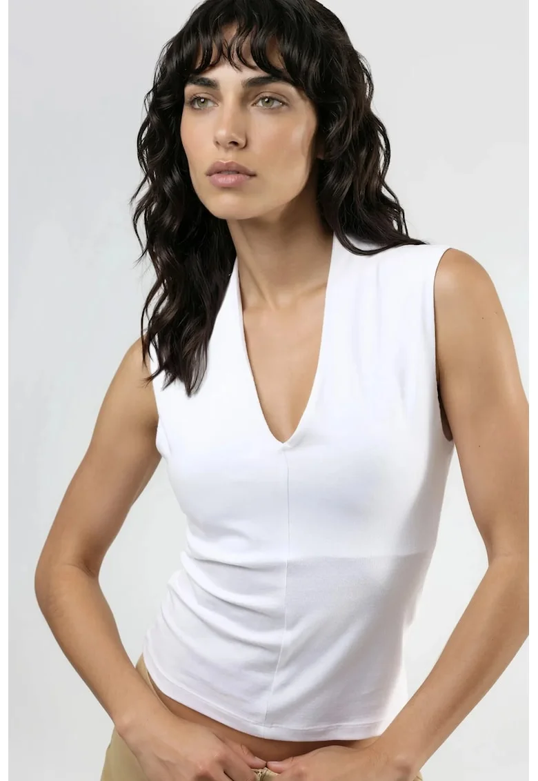 Top dama,  Decolteu in V, Alb, Textil