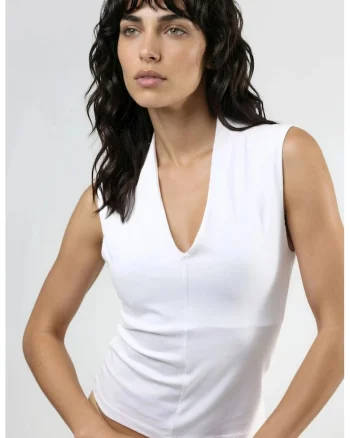 Top dama,  Decolteu in V, Alb, Textil