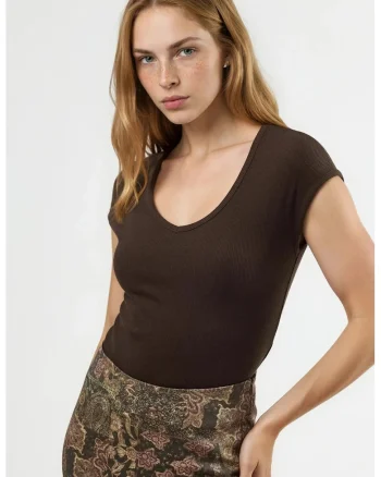Tricou dama,  Decolteu in V, Maro, Bumbac/Poliester