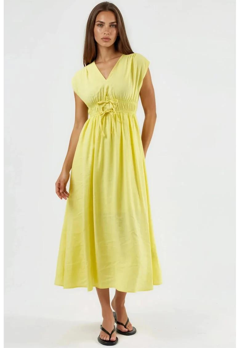 Rochie midi  decolteu in V, galben, modal/poliester