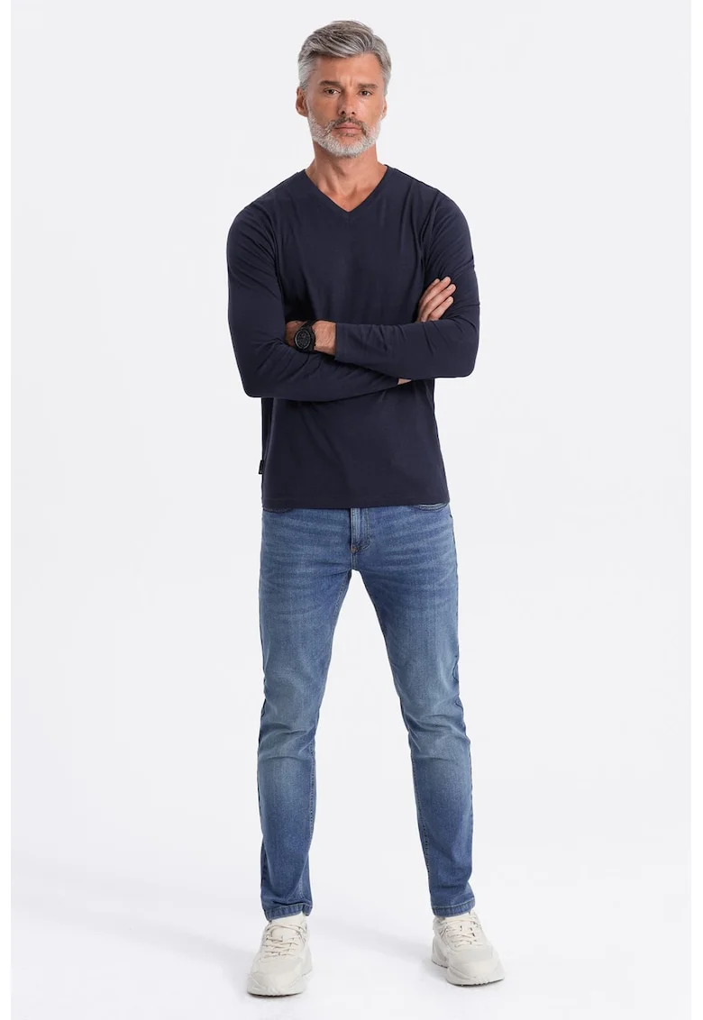 Bluza din bumbac cu decolteu in V, Bleumarin
