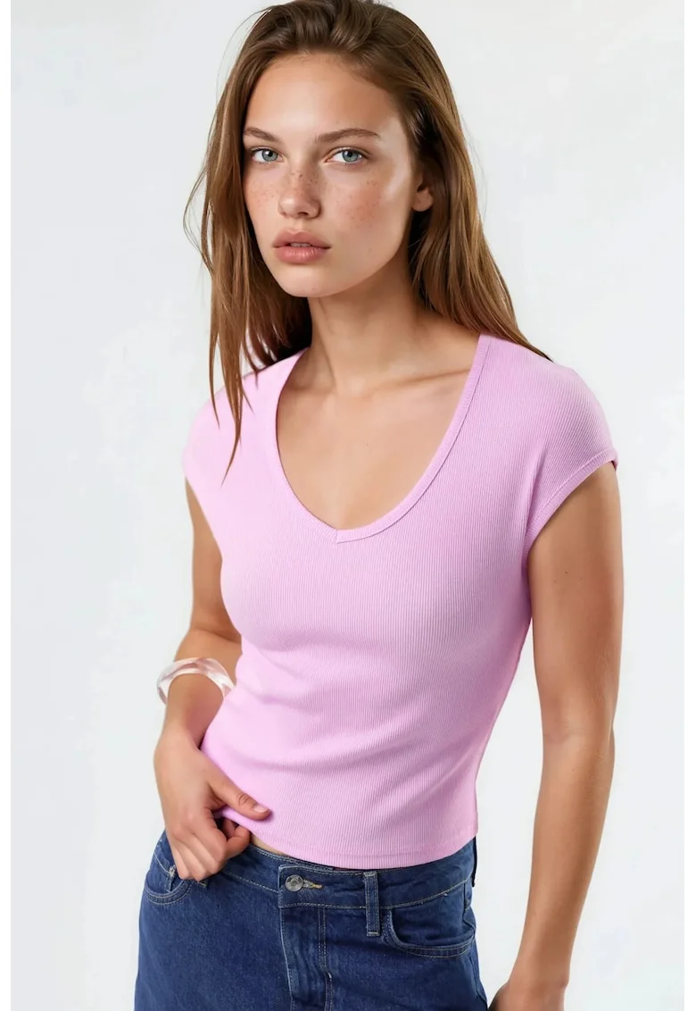 Tricou dama,  Bumbac/Poliester, Roz pudrat, Decolteu in V