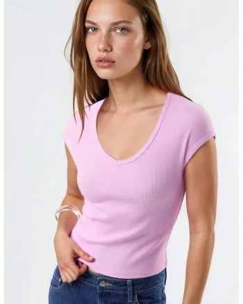 Tricou dama,  Bumbac/Poliester, Roz pudrat, Decolteu in V
