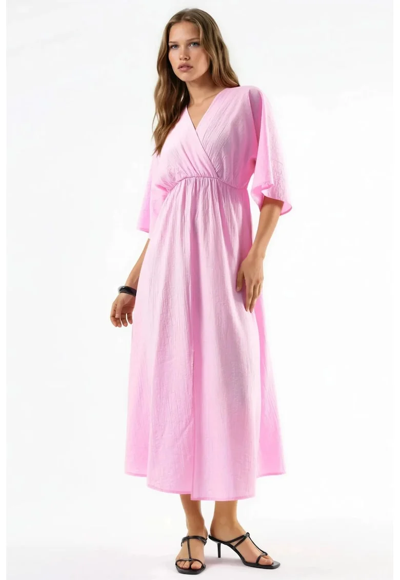 Rochie midi  decolteu in V, maneci trei sferturi, roz pudra, poliester