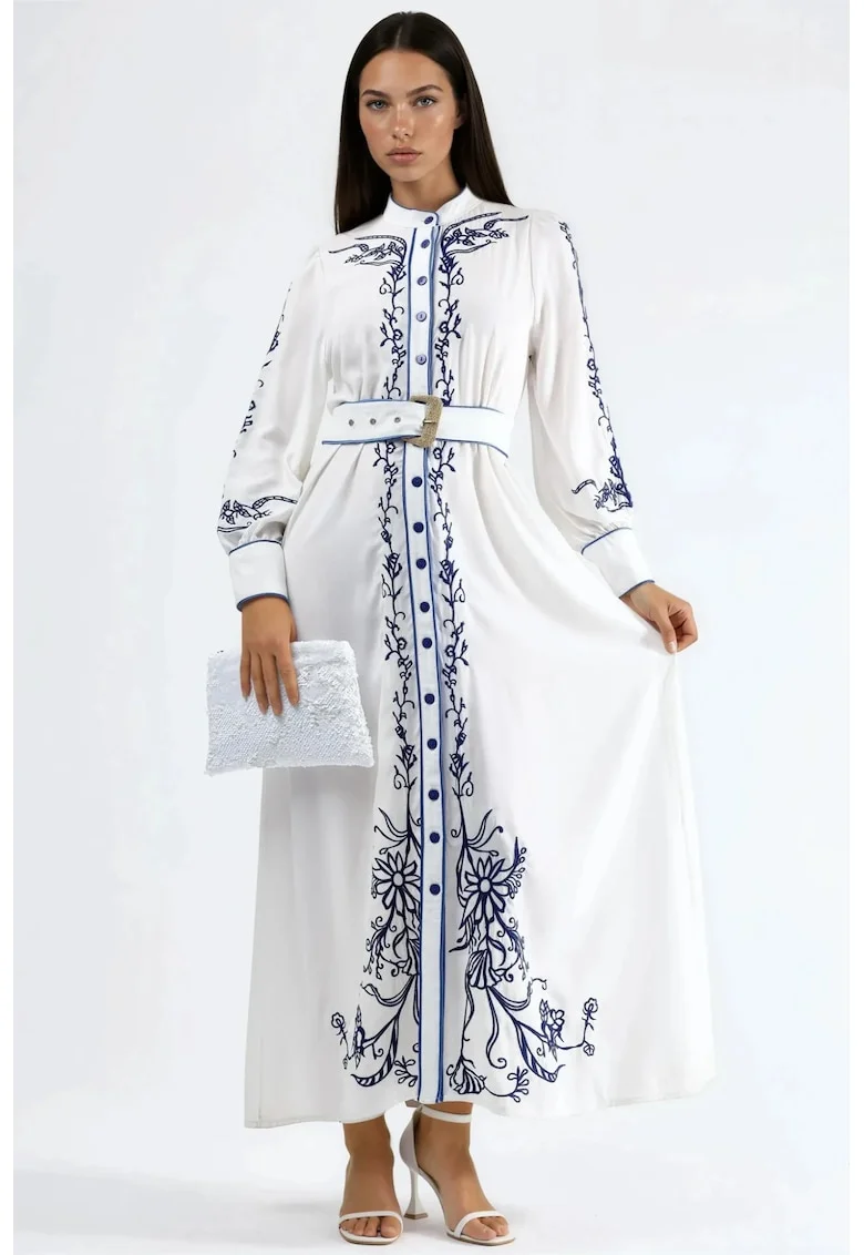 Rochie tip camasa, midi, curea in talie,  Model Floral, alb/albastru, bumbac, maneca lunga