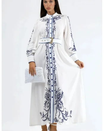 Rochie tip camasa, midi, curea in talie,  Model Floral, alb/albastru, bumbac, maneca lunga