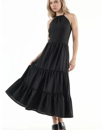 Rochie Maxi  cu volane, negru, poliester