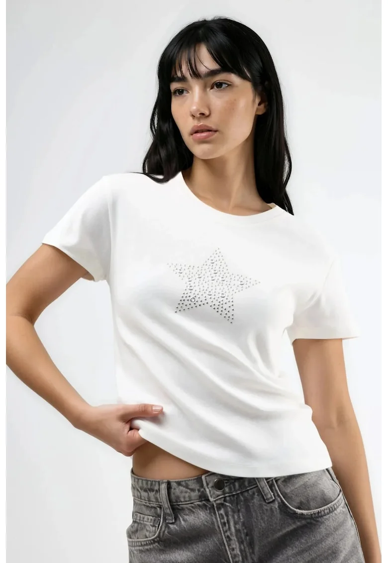 Tricou  guler rotund, detalii din pietre, alb, 100% bumbac